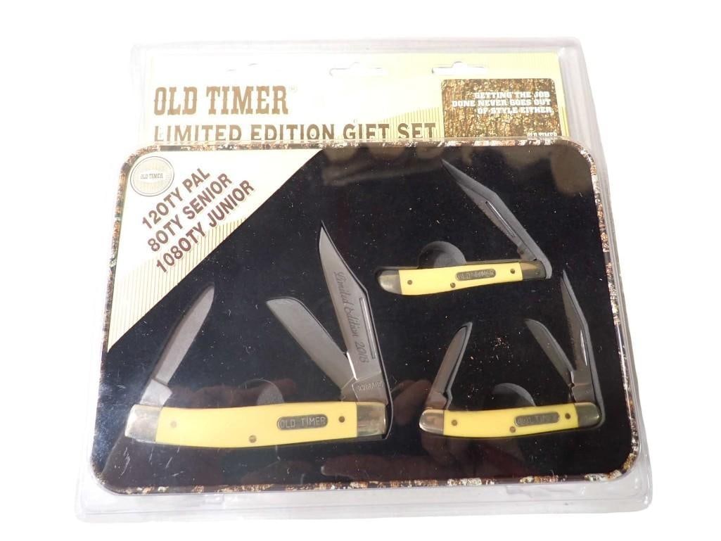 Schrade Old Timer Limited Edition Gift Set New in Sealed Package 3 Multi Blade Knives: Schrade Old Timer Limited Edition Gift Set New in Sealed Package 3 Multi Blade Knives including 120TYPAL, 80TY Senior, 1080TY Junior All pictures are considered part of the description and should be