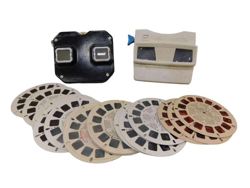 2 View-Master Viewers and approx 18 Reels: 2 View Master Viewers and approx 18 Reels All pictures are considered part of the description and should be examined carefully by bidders. Live Auctioneers is now offering Live Shipping through them
