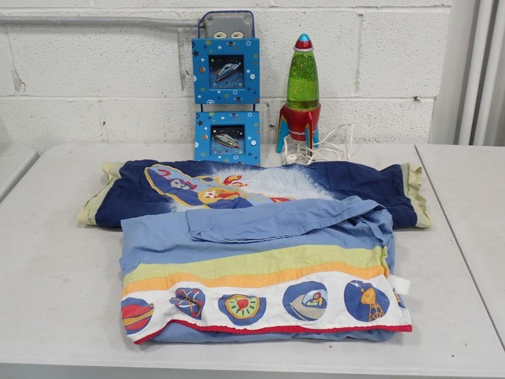 Rocket Ship Items incl Lava Lamp, Space Ship Wall Hangings, Comforter: Rocket Ship Items incl Lava Lamp, Space Ship Wall Hangings, Comforter All pictures are considered part of the description and should be examined carefully by bidders. Live Auctioneers is now offerin