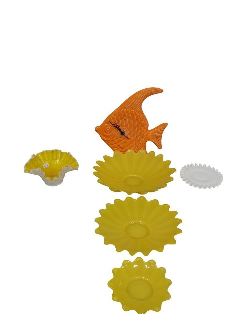 Lot of Glassware incl Porcelain Fish Clock, Cased Glass Bowl, Etc: Lot of Glassware incl Porcelain Fish Clock, Cased Glass Vase or Bowl white with yellow interior, milk glass ruffled edge small plate, yellow dishes All pictures are considered part of the description