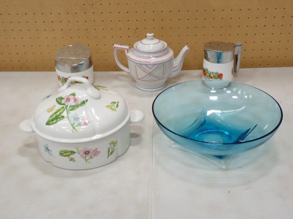 Vintage Lot incl MCM Hazel Atlas Capri Blue Glass Bowl, Porcelain Teapot, Spice of Life Creamer and: Vintage Lot incl MCM Hazel Atlas Capri Blue Glass Bowl, Porcelain Teapot, Spice of Life Creamer and Sugar Bowl, Covered Dish with Floral Pattern All pictures are considered part of the description a