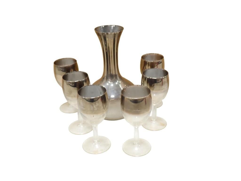 Vintage MCM Silver Fade Carafe and 6 Stemware Glasses: Vintage Mid Century Modern Silver Fade Carafe and 6 Wine Glasses All pictures are considered part of the description and should be examined carefully by bidders. Live Auctioneers is now offering Liv