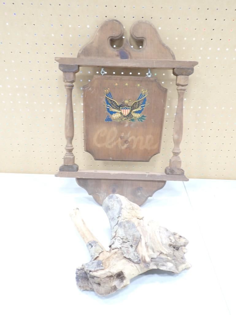 Hanging Wood Sign and a Chunk of Driftwood: Hanging Wood Sign and a Chunk of Driftwood All pictures are considered part of the description and should be examined carefully by bidders. Live Auctioneers is now offering Live Shipping through the