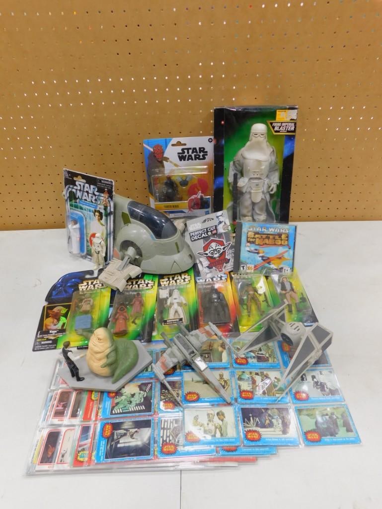Star Wars Lot incl New in Package Action Figures, Collector Cards, Toy Vehicles, Etc: Star Wars Lot incl New in Package Action Figures, Collector Cards, Toy Vehicles, Etc All pictures are considered part of the description and should be examined carefully by bidders. Live Auctioneers