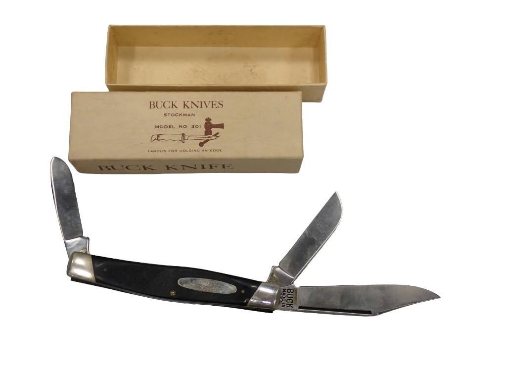 Buck Knife Model 301 with 3 Blades: Buck Knife Model 301 with 3 Blades All pictures are considered part of the description and should be examined carefully by bidders. Live Auctioneers is now offering Live Shipping through them. This is