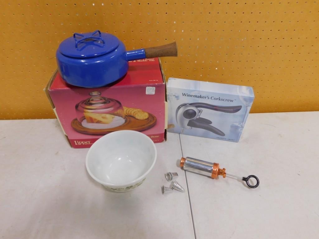 Kitchen Lot incl Dansk Kobenstyle Enamelware Saucepan, Vintage Pyrex Spring Blossom Bowl,: Kitchen Lot incl Dansk Kobenstyle Enamelware Saucepan, Vintage Pyrex Spring Blossom Bowl, Lipper Domed Covered Cheese Board, Winemaker's Corkscrew New in Box, Cake Decorator All pictures are cons