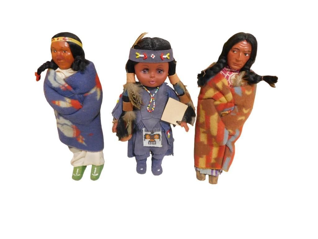 3 Native American Dolls incl 2 Vintage Shookum Dolls: 3 Native American Dolls incl 2 Vintage Shookum Dolls All pictures are considered part of the description and should be examined carefully by bidders. Live Auctioneers is now offering Live Shipping thr