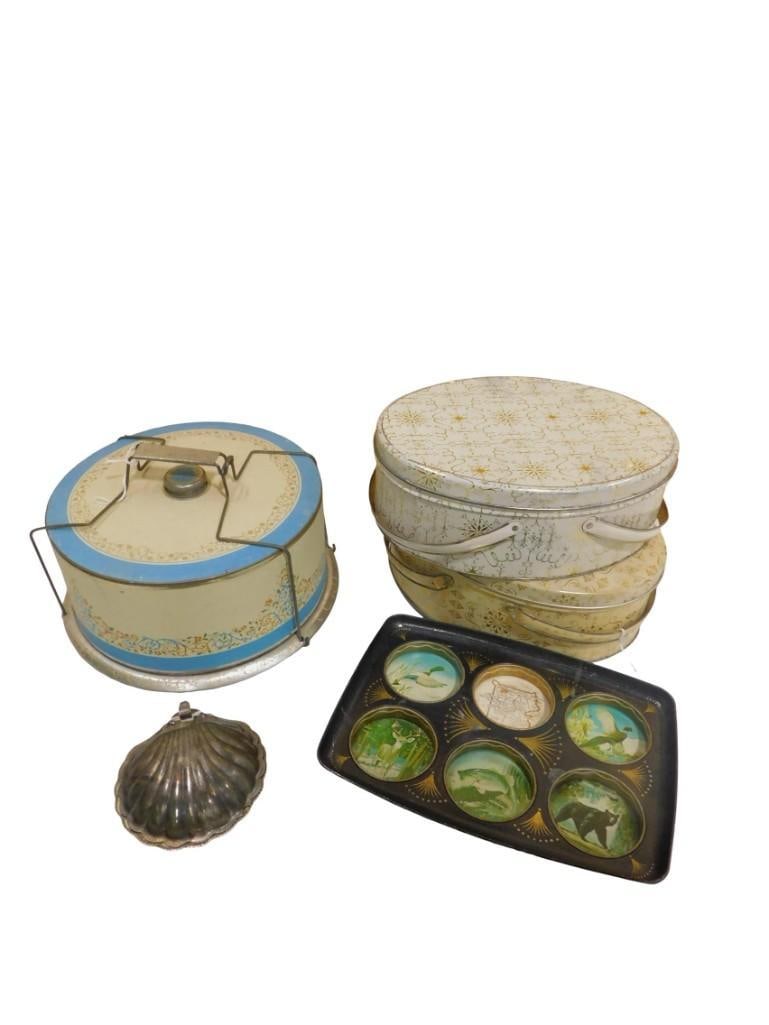 Vintage Cake Cover Carrier, 2 Vintage Cookie Tins with Handles, Vintage Shell Baking Mold,: Vintage Cake Cover Carrier, 2 Vintage Cookie Tins with Handles, Vintage Shell Baking Mold, Vintage Drink Tray with Wilderness Design All pictures are considered part of the description and should be