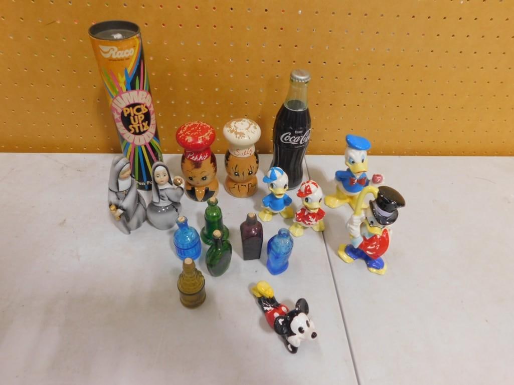 Collectibles incl Vintage Disney Figures, Lefton Baseball Nuns, Miniature Colored Glass Bottles,: Collectibles incl Vintage Disney Figures, Lefton Baseball Nuns Figurines, Miniature Colored Glass Bottles, Salty and Peppy Shakers, Pick Up Stix Game, Coca Cola Bottle, All pictures are conside