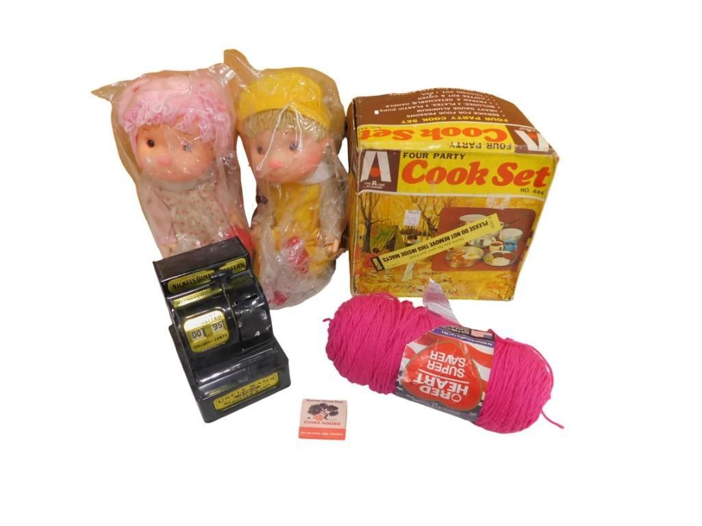 2 Vtg 1980s Komfy Kid Ice Cream Dolls, Four Party Cook Set, Vintage Toy Cash Register Bank: 2 Vtg 1980s Komfy Kid Ice Cream Dolls, Four Party Cook Set, Vintage Toy Cash Register Bank, Pink Yarn All pictures are considered part of the description and should be examined carefully by bidders.