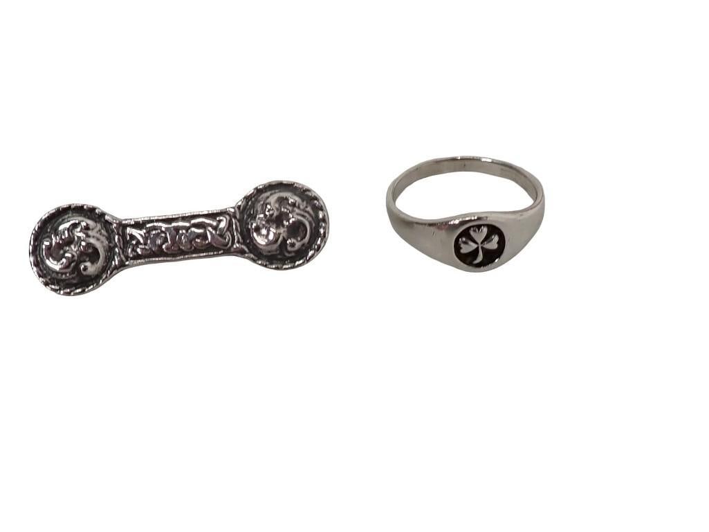 Irish Celtic Sterling Silver Jewelry incl Antique Celtic Knot Form Pin Brooch with C-Closure and a S: Irish Celtic sterling silver jewelry; antique Celtic knot form pin brooch with C-closure and a shamrock signet ring (size: 10) Pin width: 1.5" Wt of both: 7.1 dwt All pictures are con
