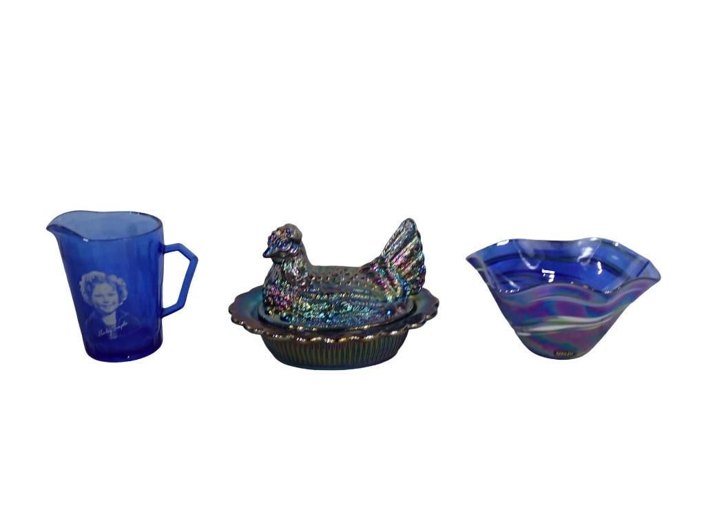 Vintage Hen on Nest in Blue Carnival Glass, Glass Eye Studio Art Glass Bowl, Vintage Hazel Atlas Shi: Blue Glass Lot including Vintage Hen on Nest in Blue Carnival Glass, Glass Eye Studio Art Glass Bowl, Vintage Hazel Atlas Shirley Temple Cobal Blue Glass Creamer All pictures are considered part of t