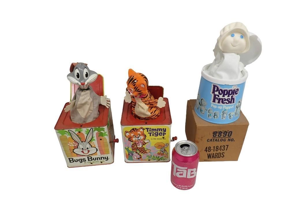Vintage Bugs Bunny in the Music Box and Timmy Tiger in the Music Box Tin Toys and Poppie Fresh Pop U (1 of 6)