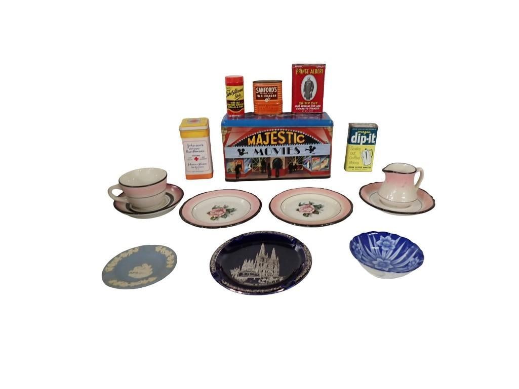 Misc Lot including Vintage Tins, Wedgwood Jasperware, Rose Pattern Saucers, Plates, Cup, Creamer, et (1 of 10)