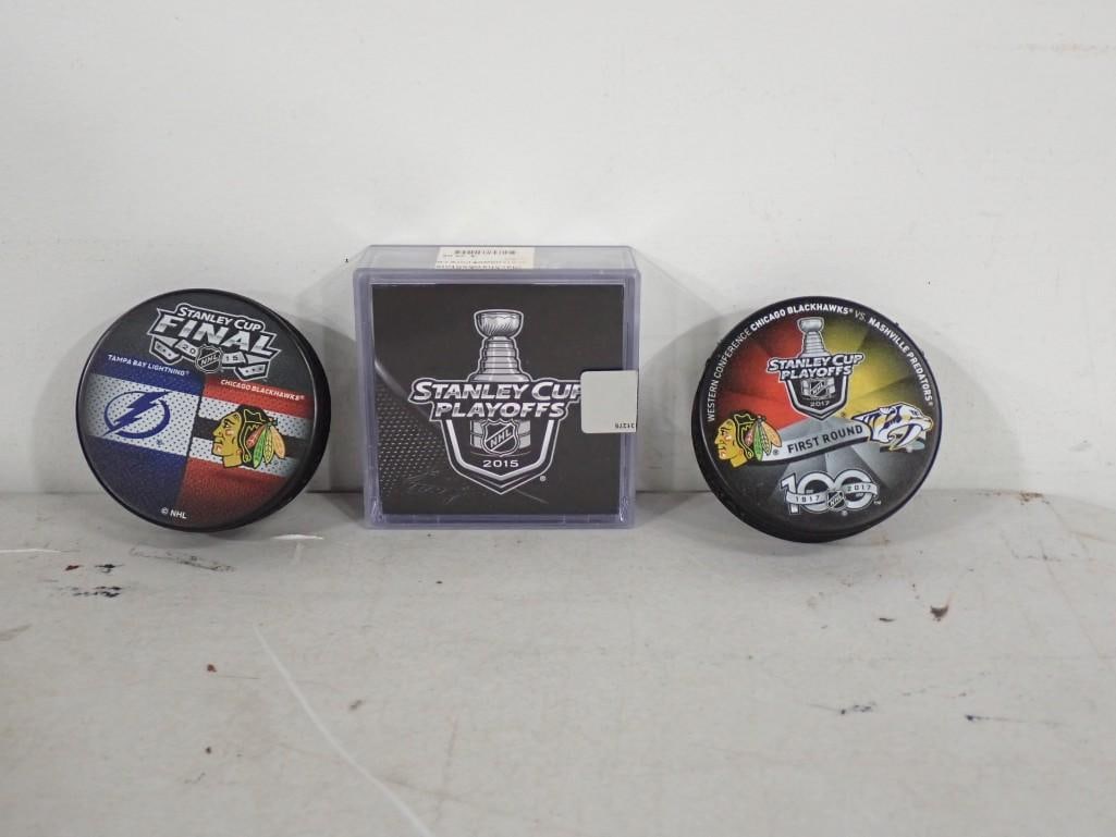 Chicago Blackhawks Collector Hockey Pucks: Chicago Blackhawks Collector Hockey Pucks All pictures are considered part of the description and should be examined carefully by bidders. Live Auctioneers is now offering Live Shipping through them.