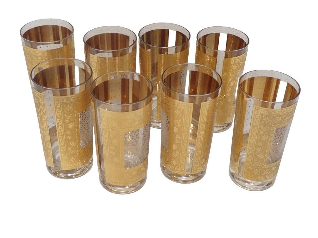 Vintage MCM Pasinski Kashmir Highball Glasses Set of 8 Mid Century Modern: Set of 8 Vintage Mid Century Modern Pasinski Kashmir Highball Glasses 22K Gold Embossed All pictures are considered part of the description and should be examined carefully by bidders. Live Auctione