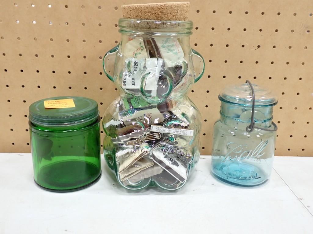 1970s Green Glass Teddy Jar Marked Made in Italy Filled with Vintage Matchbook Covers, Vintage Durag (1 of 7)