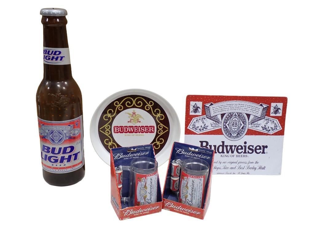 Budweiser Lot incl Sign, Metal Tray, Bud Light Plastic Bottle Coin Bank, 2 Frosty Mugs New in Packag (1 of 7)