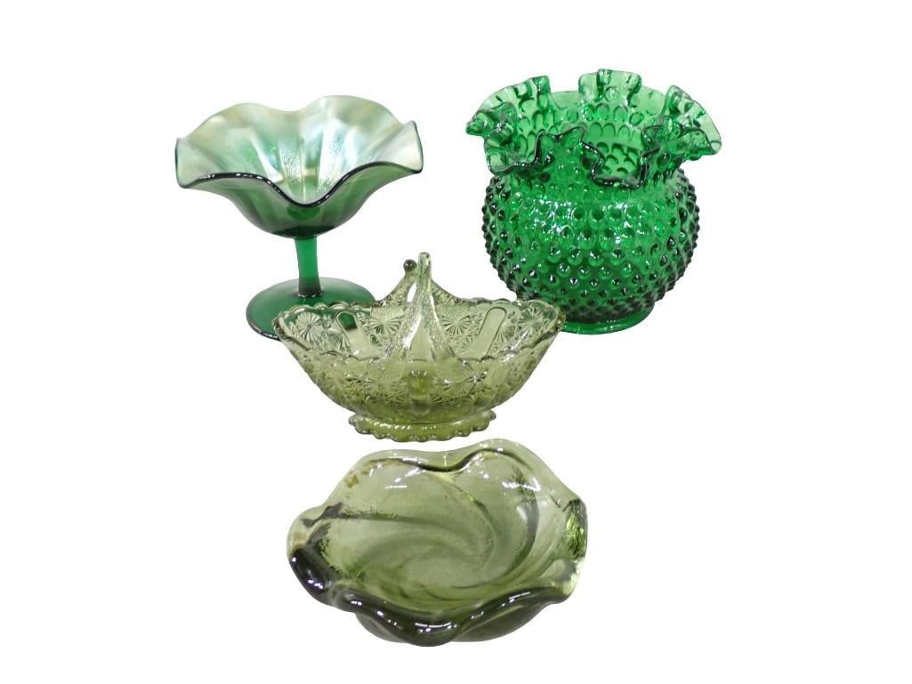 Vintage Green Glass Lot incl Pedestal Carnival Glass Dish, Fenton Emerald Green Hobnail Ruffled Vase (1 of 6)