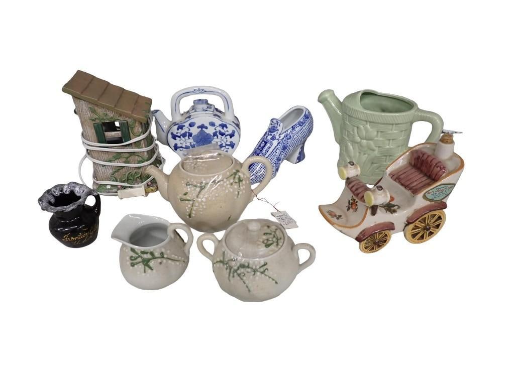 Collectibles incl Miniature Teapots, Vase, Porcelain Decorative Shoe, Outhouse Figure, Porcelain Car (1 of 7)