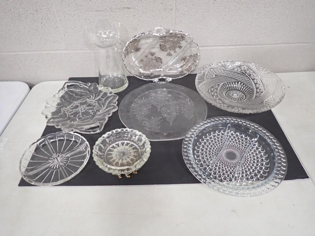 Lot of Clear Glass Serving Items incl Silver Overlay Divided Dish, etc (1 of 8)