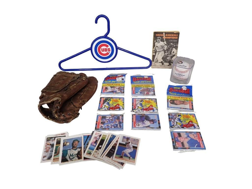 Baseball Lot incl Sealed Cards, Glove, Baseball, Chicago Cubs Hanger, Etc (1 of 7)