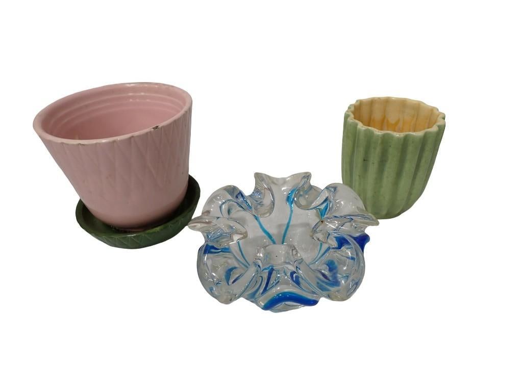 Vintage Shawnee Pottery Planter, Red Wing Pottery M1512 Vase, Art Glass Bowl Clear with Blue (1 of 14)