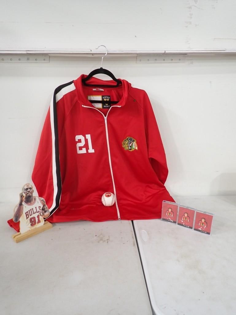 Sports Lot incl Mitchell & Ness Chicago Blackhawks Warm-Up Jacket, Hockey Cards, Baseball: Sports Lot incl Mitchell & Ness Chicago Blackhawks Warm-Up Jacket, Hockey Cards, Baseball, Dennis Rodman Cardboard Cutout All pictures are considered part of the description and should be examine