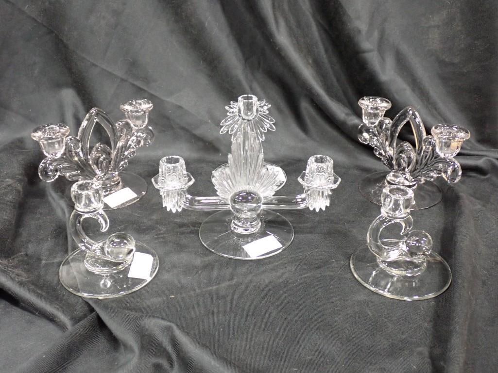 Vintage Glass Candlestick Holders incl Fostoria Flame Art Deco Double Candle Holder, (1 of 6)