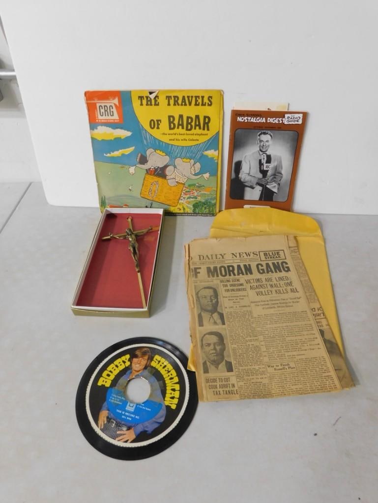 Misc Lot including Catholic Cross, Bobby Sherman Vinyl, The Travels of Babar Vinyl Record (1 of 5)