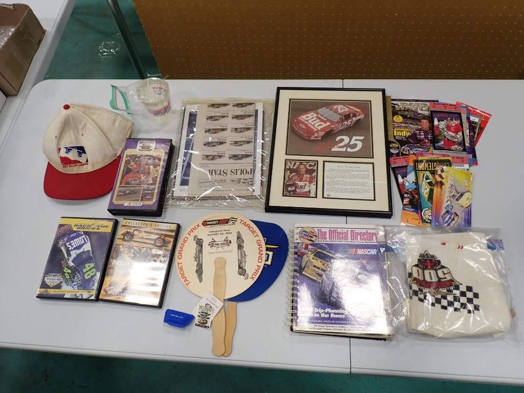 Racing Lot including Indy, NASCAR, Plaque, Hat, DVDs, Fans, Directory, Ticket Stubs, etc.: Racing Lot including Indy, NASCAR, Plaque, Hat, DVDs, Fans, Directory, Ticket Stubs, etc. All pictures are considered part of the description and should be examined carefully by bidders. Live Auctione