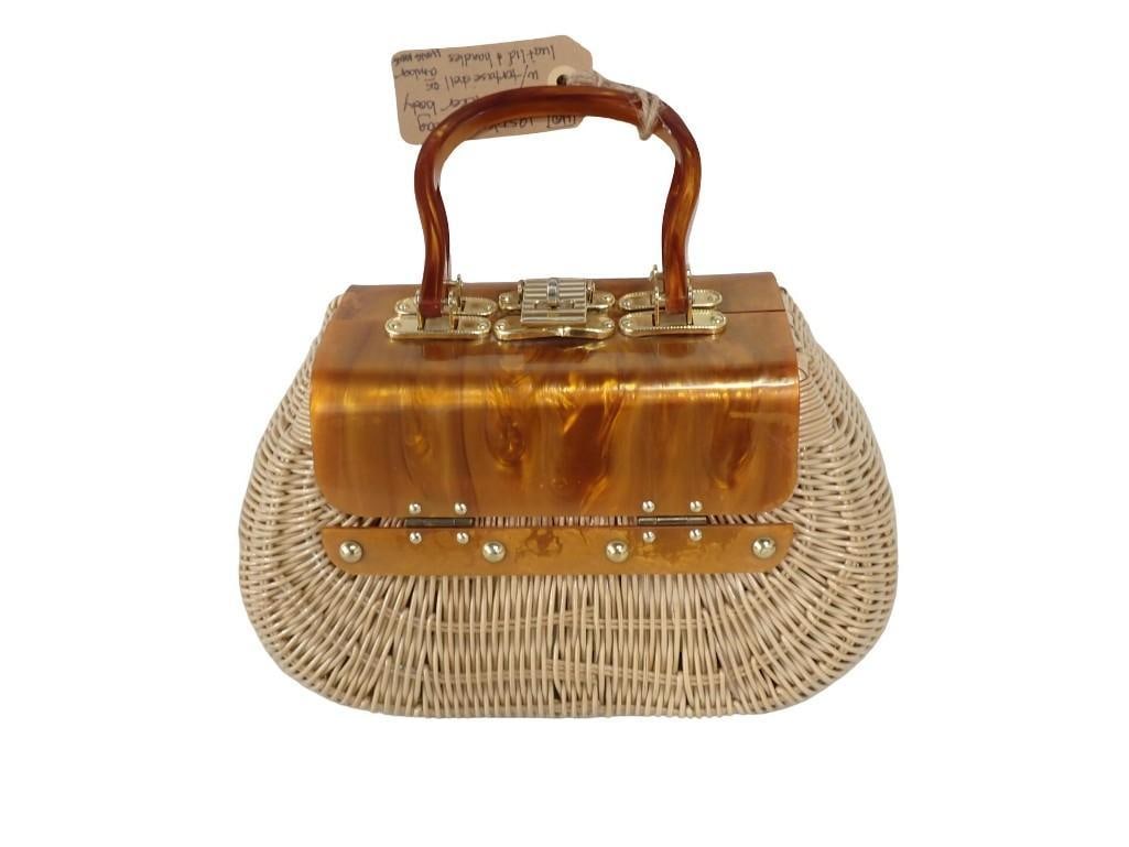 Vintage Mid Century Basket Weave Purse with Lucite Handles: Vintage Mid Century Basketweave Purse with Lucite Handles made in Hong Kong All pictures are considered part of the description and should be examined carefully by bidders. Live Auctioneers is now o