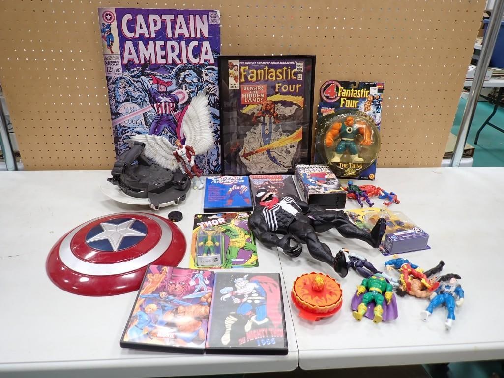 Comic Toys, Etc incl Marvel, Thor Action Figure New in Package, Fantastic Four The Thing Actio: Comic Toys, Etc incl Marvel, Thor Action Figure New in Package, Fantastic Four The Thing Action Figure New in Package, Captain America Toys and DVD, etc All pictures are considered part of the descrip