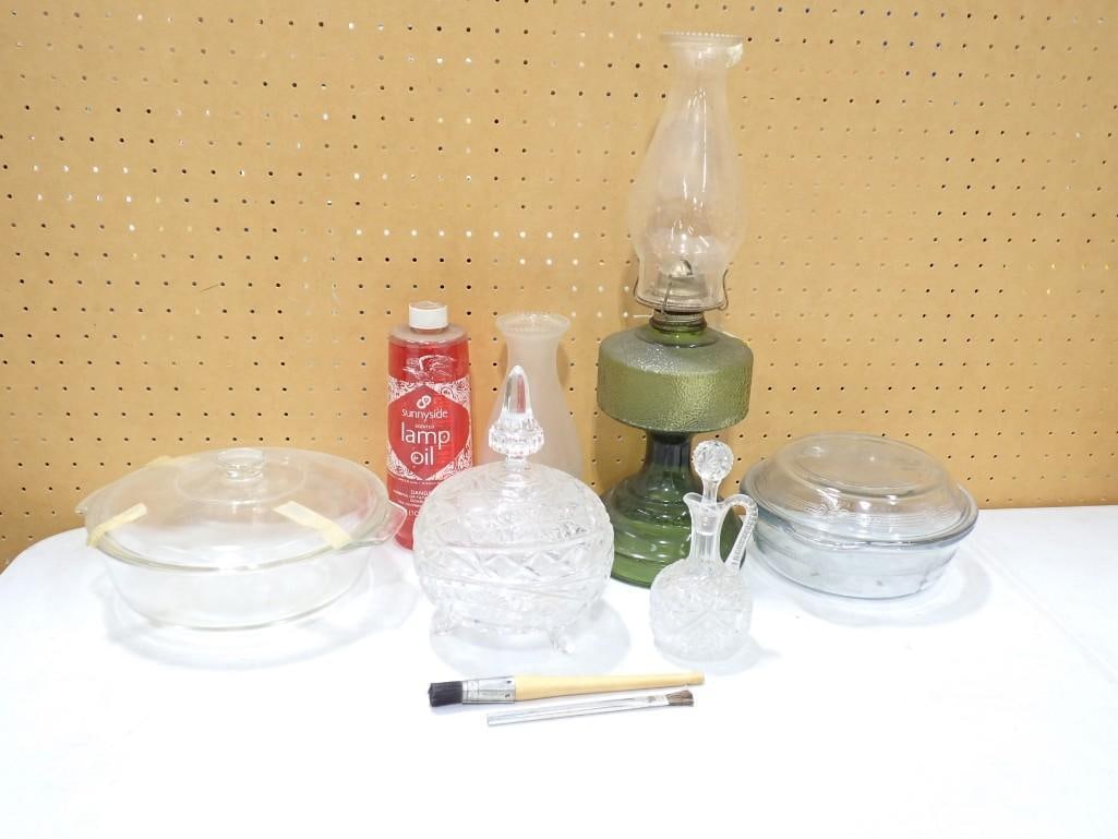 Glassware incl Vintage Green Glass Oil Lamp, Candy Dish, Cruet, Etc (1 of 6)