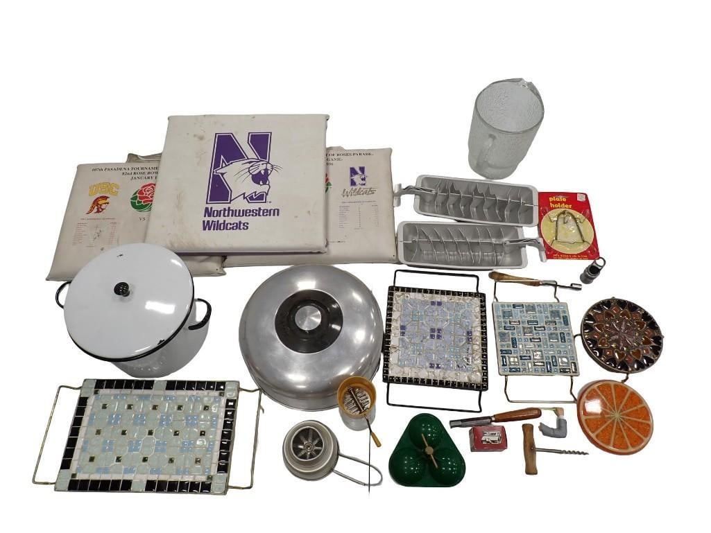 Vintage incl Mosaic Trivets, Metal Ice Cube Trays, Acrylic Orange Slice Trivet, Enamelware Pot, etc (1 of 12)