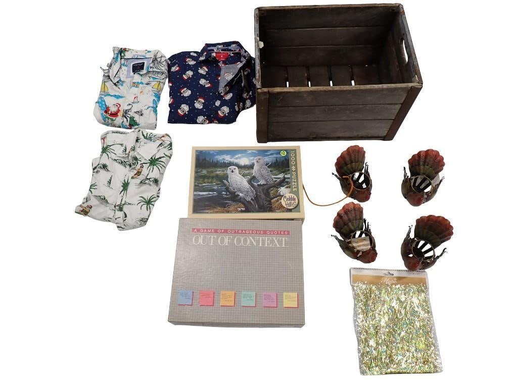 Hawaiian Shirts, Wood Crate, Candle Holders, Etc: Hawaiian Shirts, Wood Crate, Candle Holders, Etc All pictures are considered part of the description and should be examined carefully by bidders. Live Auctioneers is now offering Live Shipping throu