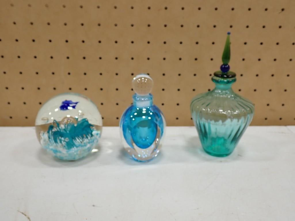 Art Glass Paperweight, and 2 Glass Perfume Bottles with Stoppers (1 of 5)