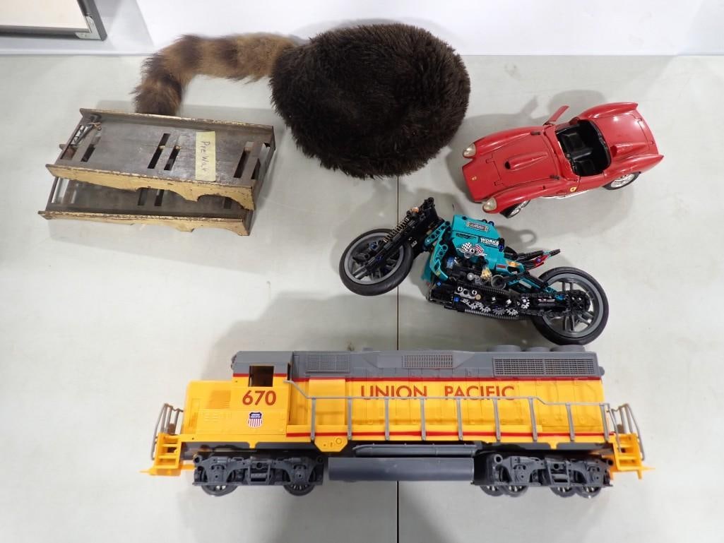 Misc Lot including Toy Motorcycle with Lego Compatible Pieces, Union Pacific Model Train, Pre War (1 of 10)