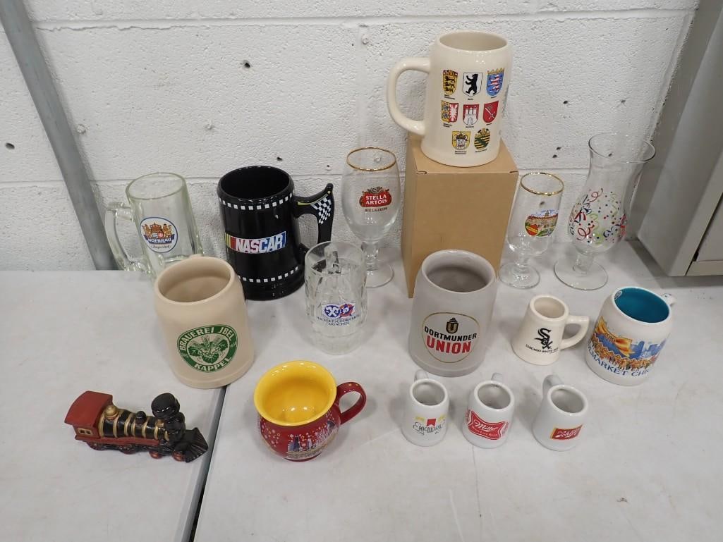 Misc. Beer Glasses, Mugs, etc. including German, Stella Artois, Miller High Life, NASCAR, White Sox, (1 of 11)