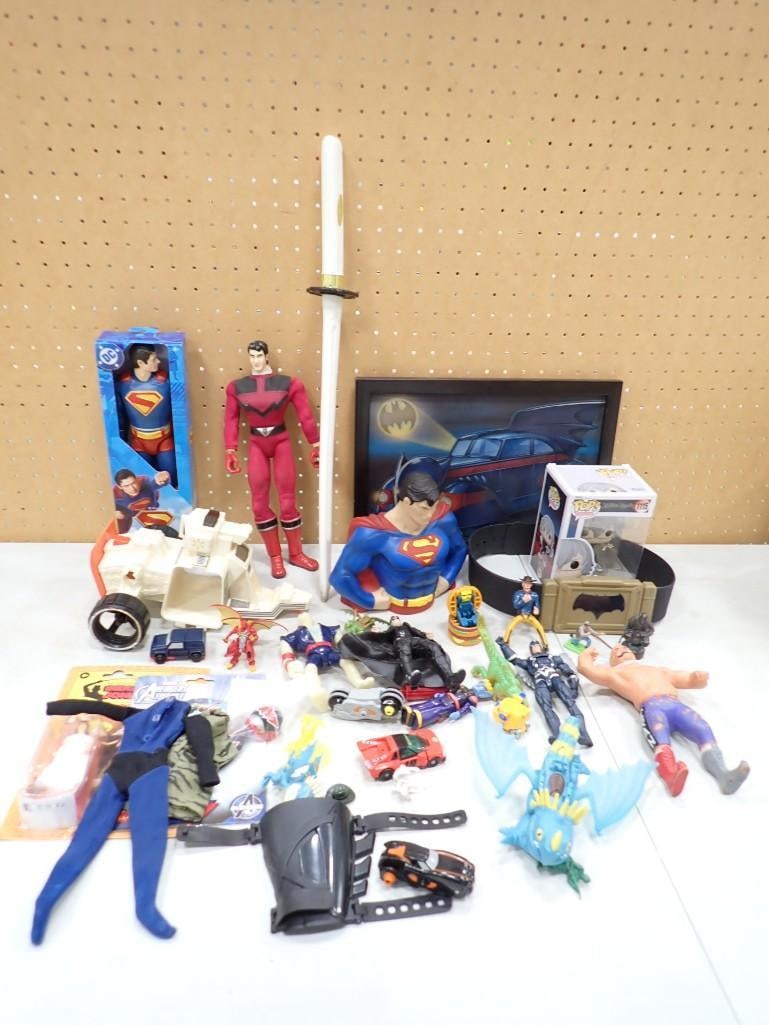 Toy Lot including Superman, Batman, Funko Pop, Iron Shiek Wrestler, etc.: Toy Lot including Superman, Batman, Funko Pop, Iron Shiek Wrestler, etc. All pictures are considered part of the description and should be examined carefully by bidders. Live Auctioneers is now offeri
