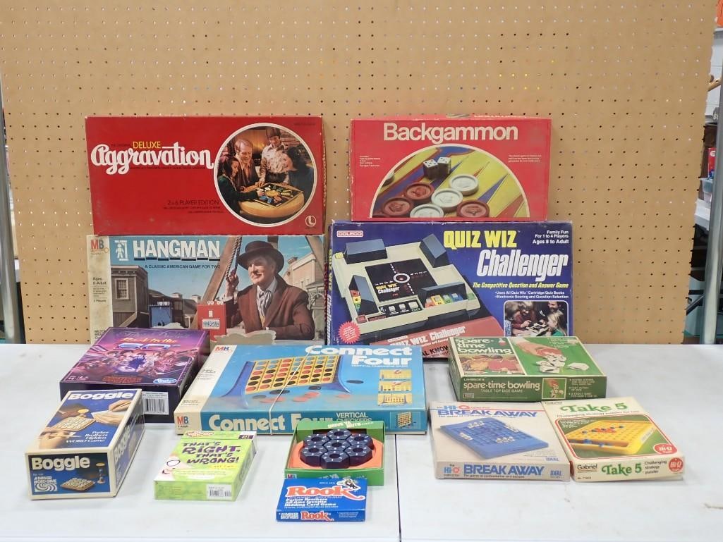 Vintage Board Games including Boggle, Rook, Hangman, Quiz Wiz Challenger, Aggravation, Spare Time: Vintage Board Games including Boggle, Rook, Hangman, Quiz Wiz Challenger, Aggravation, Spare Time Bowling, Drive Ya Nuts, Connect 4, etc. All pictures are considered part of the description and should