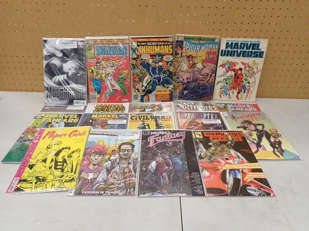 Comic Books including Marvel Universe, Spider-Woman, Fanfare, Paper Girls, My Little Phony, Dazzler: Comic Books including Marvel Universe, Spider-Woman, Fanfare, Paper Girls, My Little Phony, Dazzler, Inhumans, Defenders, etc. All pictures are considered part of the description and should be examine