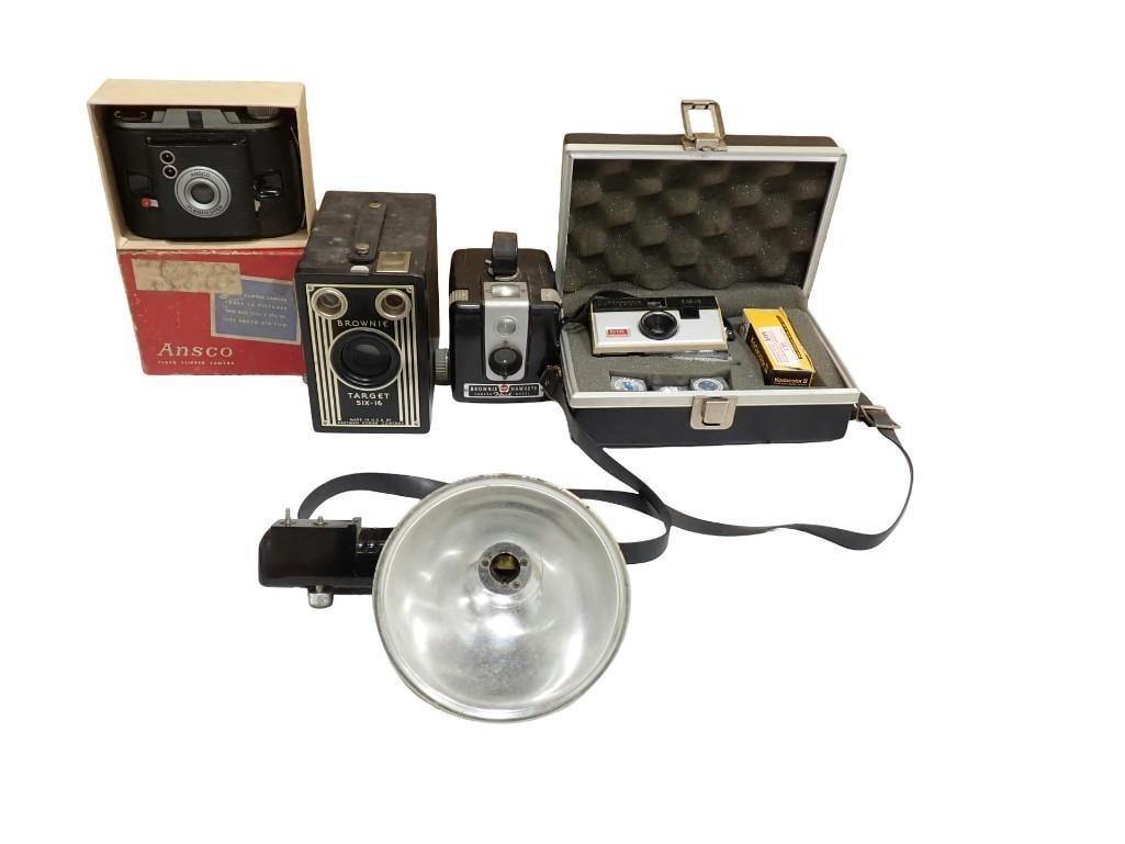 Vintage Cameras including Ansco, Kodak Brownie Target Six-16, Hawkeye, etc.: Vintage Cameras including Ansco, Kodak Brownie Target Six-16, Hawkeye, etc. All pictures are considered part of the description and should be examined carefully by bidders. Live Auctioneers is now off
