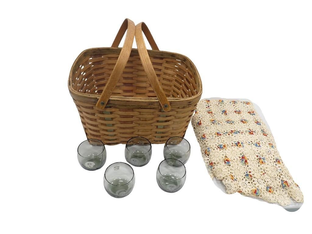 5 Vintage Smoke Glass Roly Poly Glasses NFL Themed, Wicker Picnic Basket, Crocheted Lace Tablecloth: 5 Vintage Smoke Glass Roly Poly Glasses NFL Themed, Wicker Picnic Basket, Crocheted Lace Tablecloth All pictures are considered part of the description and should be examined carefully by bidders. Liv