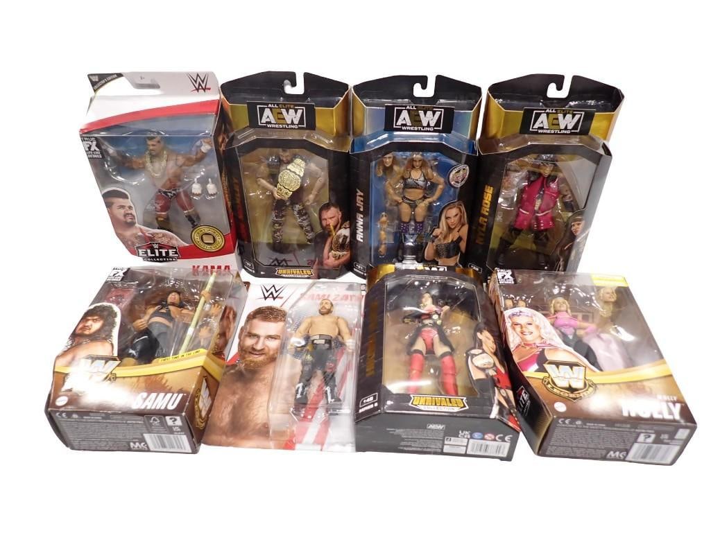 8 WWE WWF AEW Wrestling Figures New in Box: 8 WWE WWF AEW Wrestling Figures New in Box All pictures are considered part of the description and should be examined carefully by bidders. Live Auctioneers is now offering Live Shipping through