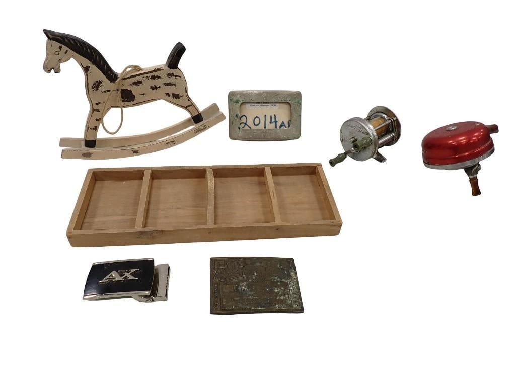 Collectibles incl Fishing Reels, AX Fashion Belt Buckle, Mini Rocking Horse, etc (1 of 10)