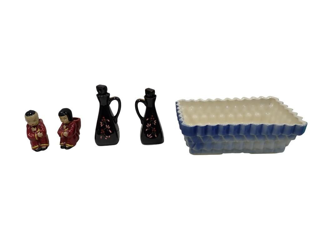 Vintage Lot incl Rectangle Planter or Vase, Mini Cruets, Asian Boy and Girl Figurines or Mini Plante: Vintage Lot incl Rectangle Planter or Vase, Mini Cruets, Asian Boy and Girl Figurines or Mini Planters All pictures are considered part of the description and should be examined carefully by bidders. 