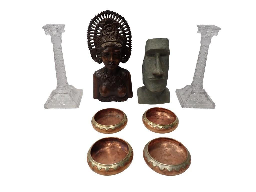 Collectibles incl Moai Replica Statue, Tribal Figure, Glass Candlesticks, 4 Copper Bowls: Collectibles incl Moai Easter Island Replica Statue, Tribal Figure, Glass Candlesticks, 4 Copper Bowls with Brass Design All pictures are considered part of the description and should be examined