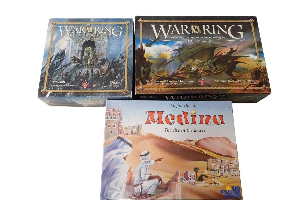 Board Games incl War of the Ring Game, War of teh Ring Battles of the Third Age Expansion, Medina Ci: Board Games incl War of the Ring Game, War of teh Ring Battles of the Third Age Expansion, Medina City in the Desert. Condition: Unchecked for completeness All pictures are considered part of th