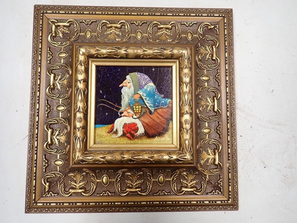 Framed Vintage Painting of a Mage or Wizard - Signed - Measures roughly 13x13" with frame: Framed Vintage Painting of a Mage or Wizard - Signed - Measures roughly 13x13" with frame All pictures are considered part of the description and should be examined carefully by bidders. Live Auct